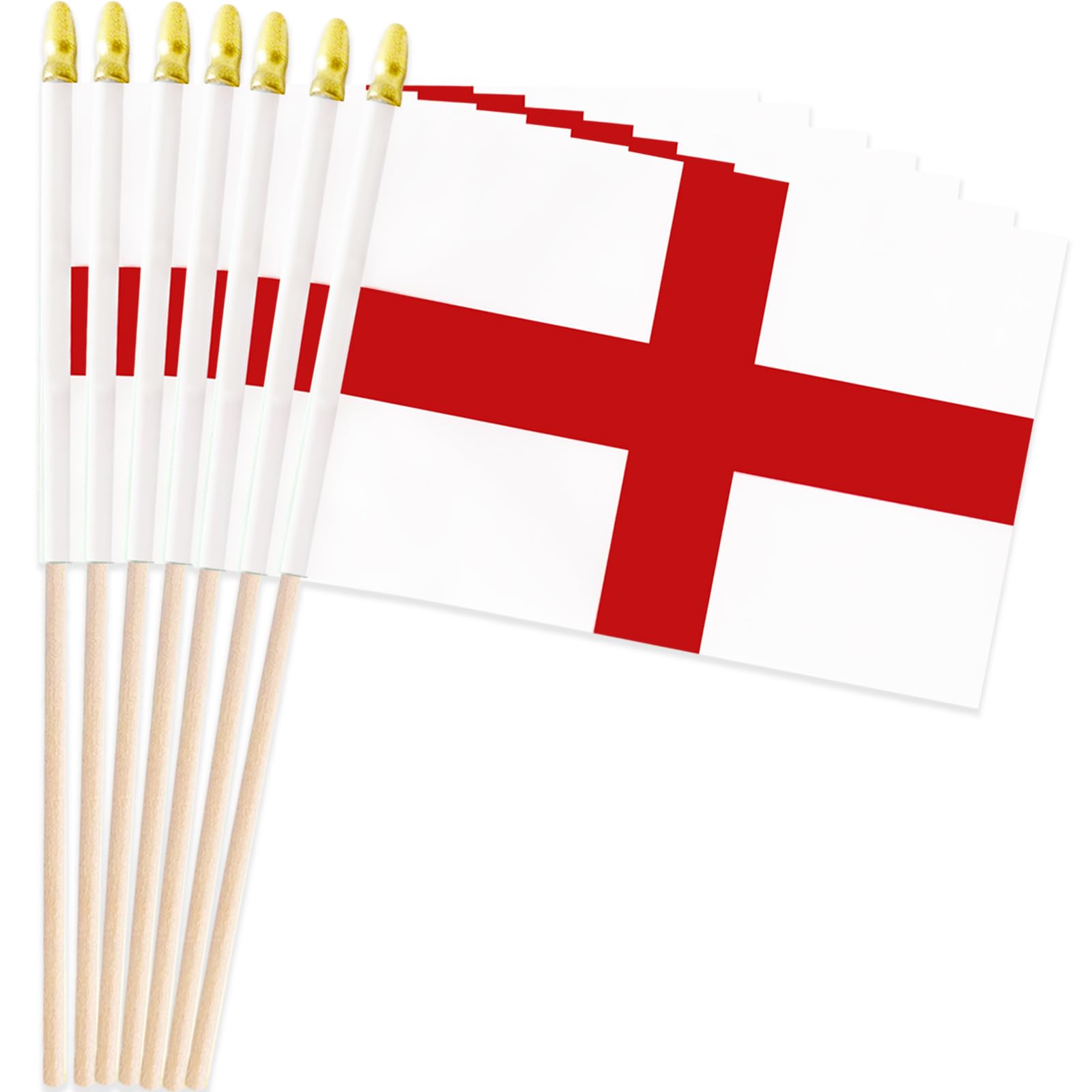 Pack of 20 England Hand Held Flags 14x21cm – Small English St George Cross Flag on Wooden Stick Gold Spear Top Mini Handheld Flag Parades Football Patriotic St George's Day Decorations