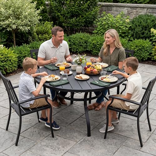 Image of Incbruce Patio Dining Table, 53 inch Round Table Metal Steel Slat Table with 1.57 inch Umbrella Hole, for Backyards, Porches, Gardens, or Poolside