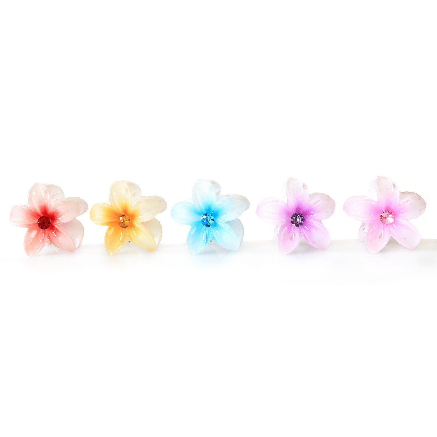 Hawaii Luau Party Dance Performance Plastic Pastel Plumeria Flower with Center Stone hair claw clips in 5 Color Pack