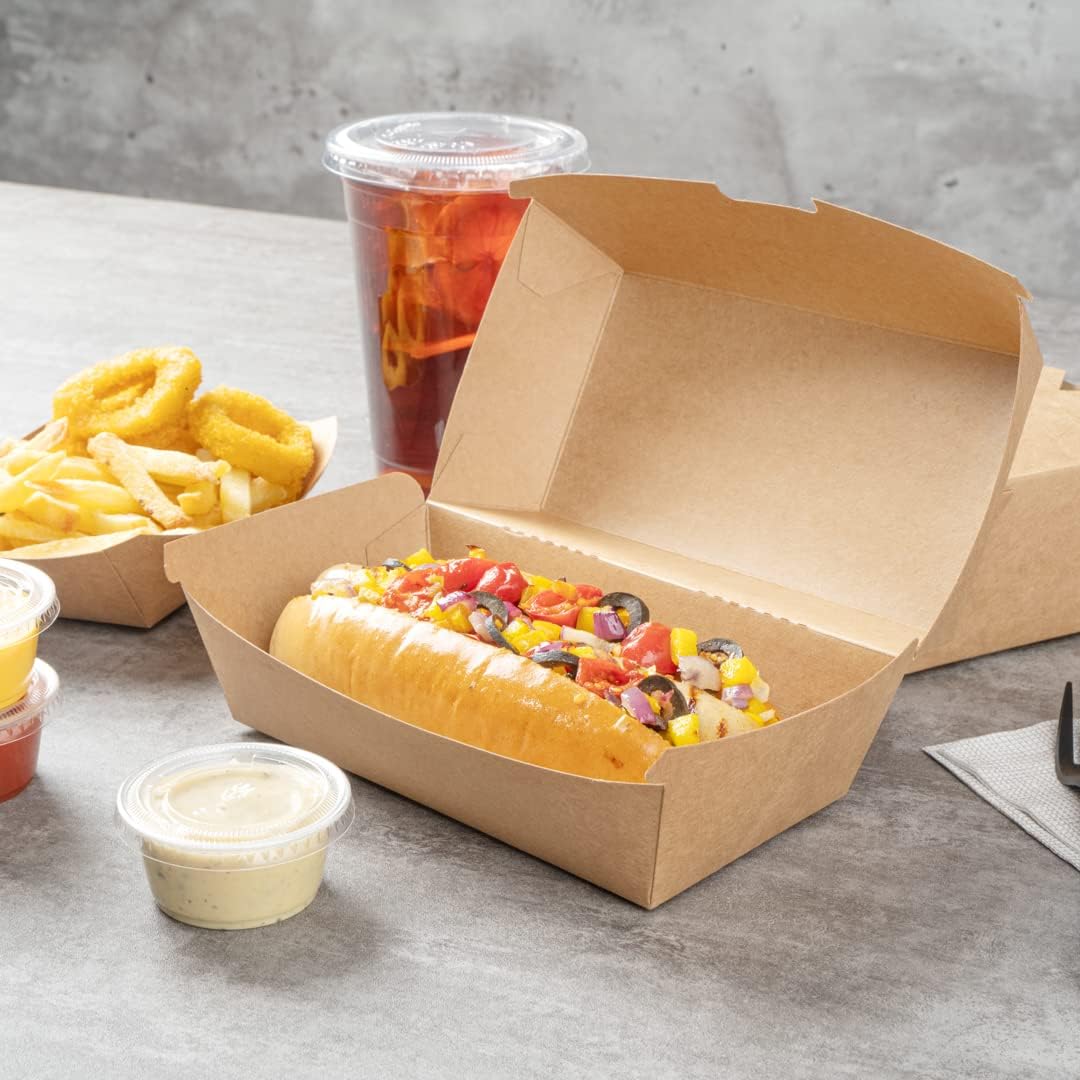 Restaurantware Hot Dog Box 100 Count 6.7 x 3.54 x 3.46 Inches Paper Kraft Rectangular Food Container Tab-Lock Sandwich Clamshell Grease-Resistant Kraft