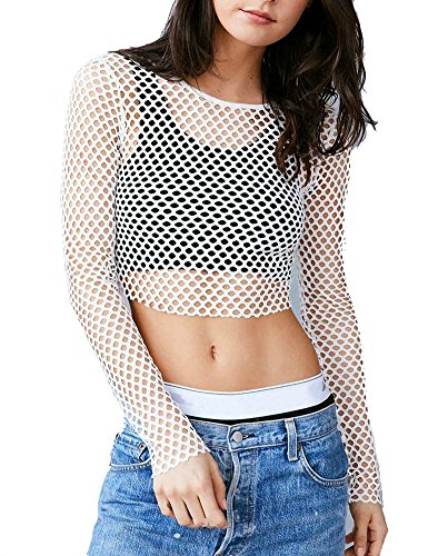 Verochic Women's Long Sleeve Sheer Mesh Blouse See Through Sexy Lace Crop Top (White, Medium)