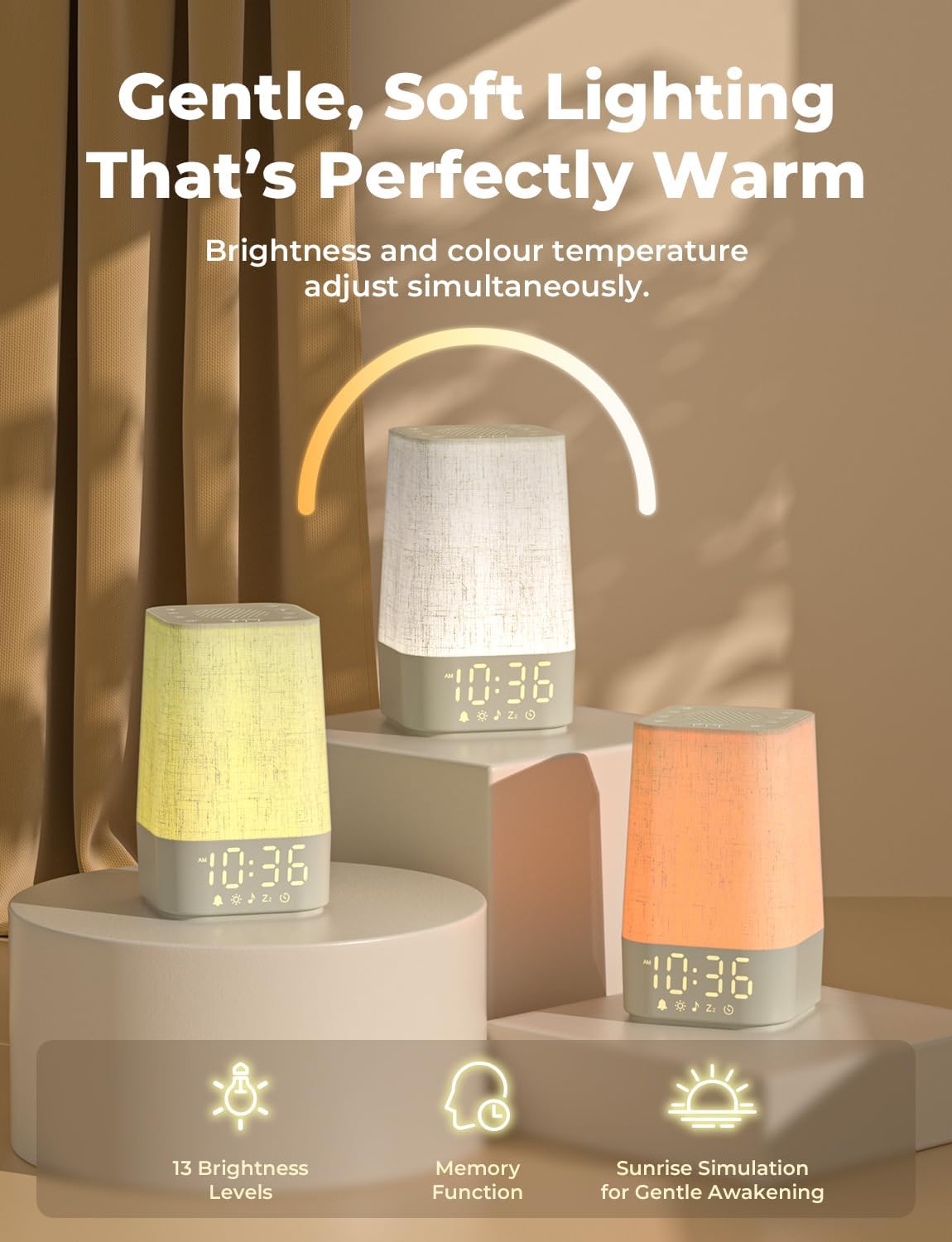 LIORQUE alarm clock displaying different light colors: warm, neutral, and cool white