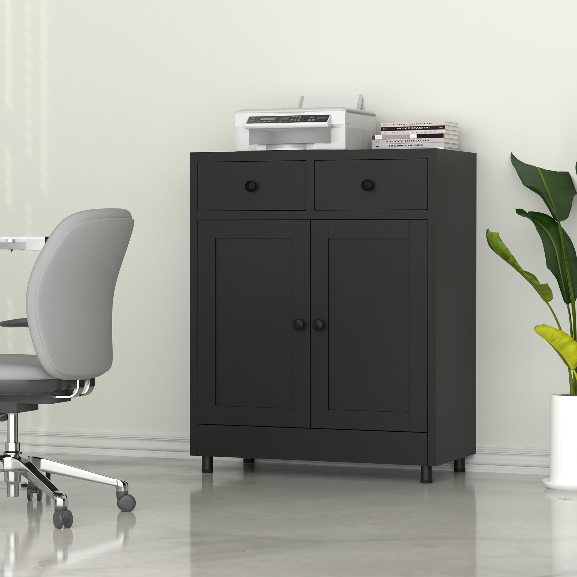 Aktenschrank Büroschrank Lagerschrank Metallschrank Stahlschrank Mehrzweckschrank Buffetschrank Flurschrank, Aufbewahrungsschrank aus Metall mit 2 Schubladen und Verstellbarem Regal (Schwarz)
