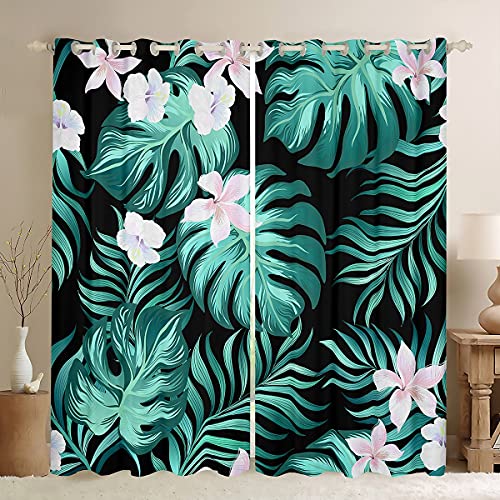 Tropical Leaves Room Curtain Palm Leaves Botanical Floral Curtain for Bedroom for Kids Women Adults Blossom Flowers Curtain Green Plants Drapes,W46*L72