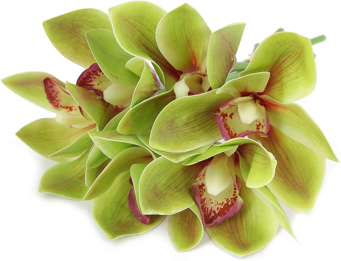 20Pcs Real Touch Artificial Fake Plants Silk Cymbidium Orchid Flowers Arrangements Wedding Bouquets Decorations Plastic Floral Table Centerpieces Home Kitchen Garden Party(Green)