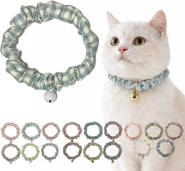 猫 首輪 シュシュ シンプル くすみ くすみカラー チェック ブルー LMサイズ 27-28cm 日本製 軽量 - 1
