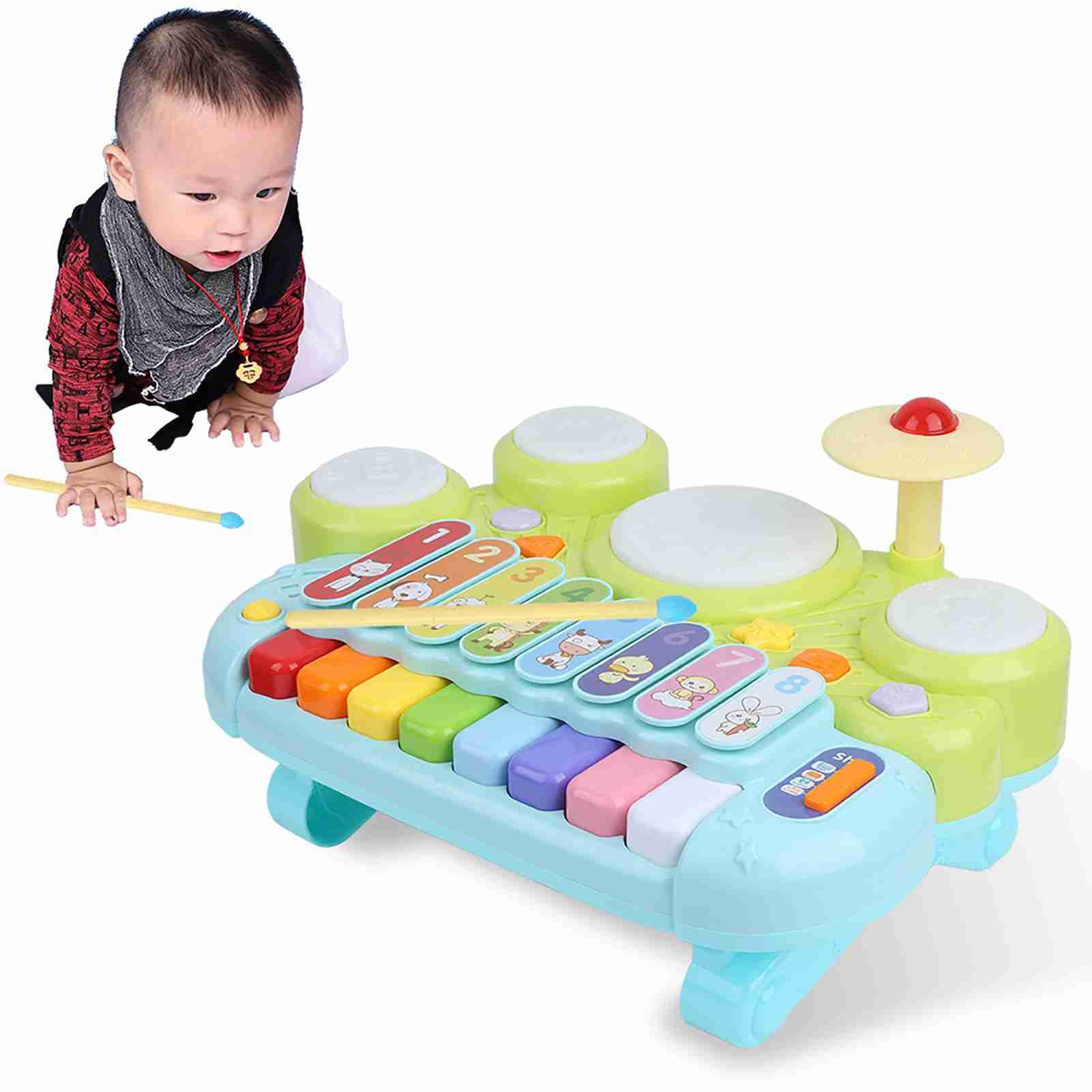 Juguetes de Instrumentos Musicales 3 en 1 para Niños Pequeños con Funciones de Aprendizaje Divertidas: Juego de Batería con Teclado de Piano Electrónico Hecho de Plástico Seguro, Tamaño 15 X