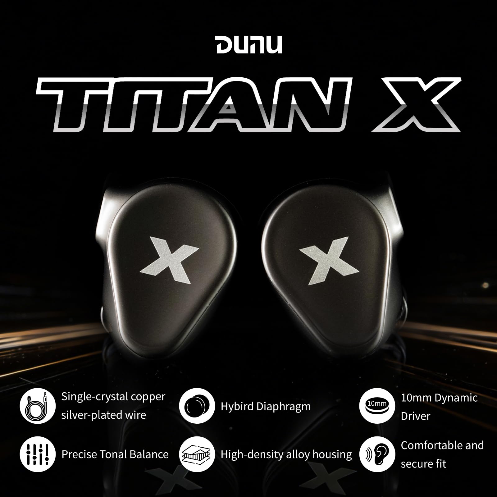 DUNU Titan X IEMs Gaming-Ohrhörer, 10-mm-Dynamiktreiber-In-Ear-Monitor, kabelgebundene HiFi-IEM-Kopfhörer mit OCC-versilberten Kabeln, IEMs mit Gehäuse aus einer Legierung für Bühnenauftritte(3.5mm)