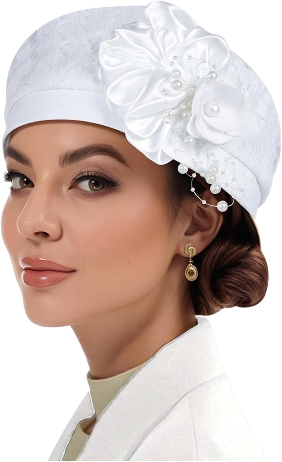 Elegant French Beret with Pearl & Satin Flower Embellishments, Beanie Cap for Women