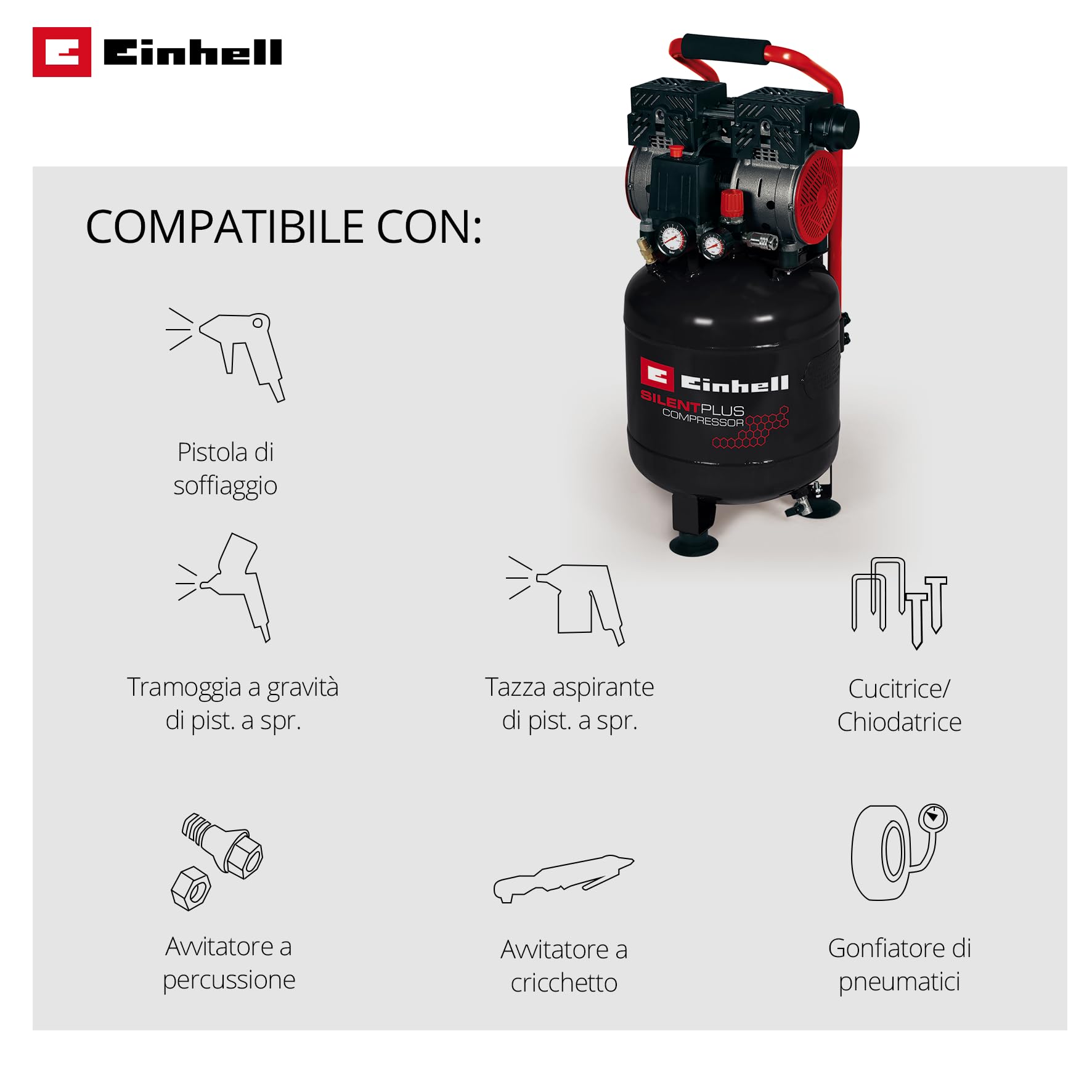 Einhell TE-AC 24 Compressore silenziato 220-240V 750W 24l 8bar 100l/min 57dB(A)