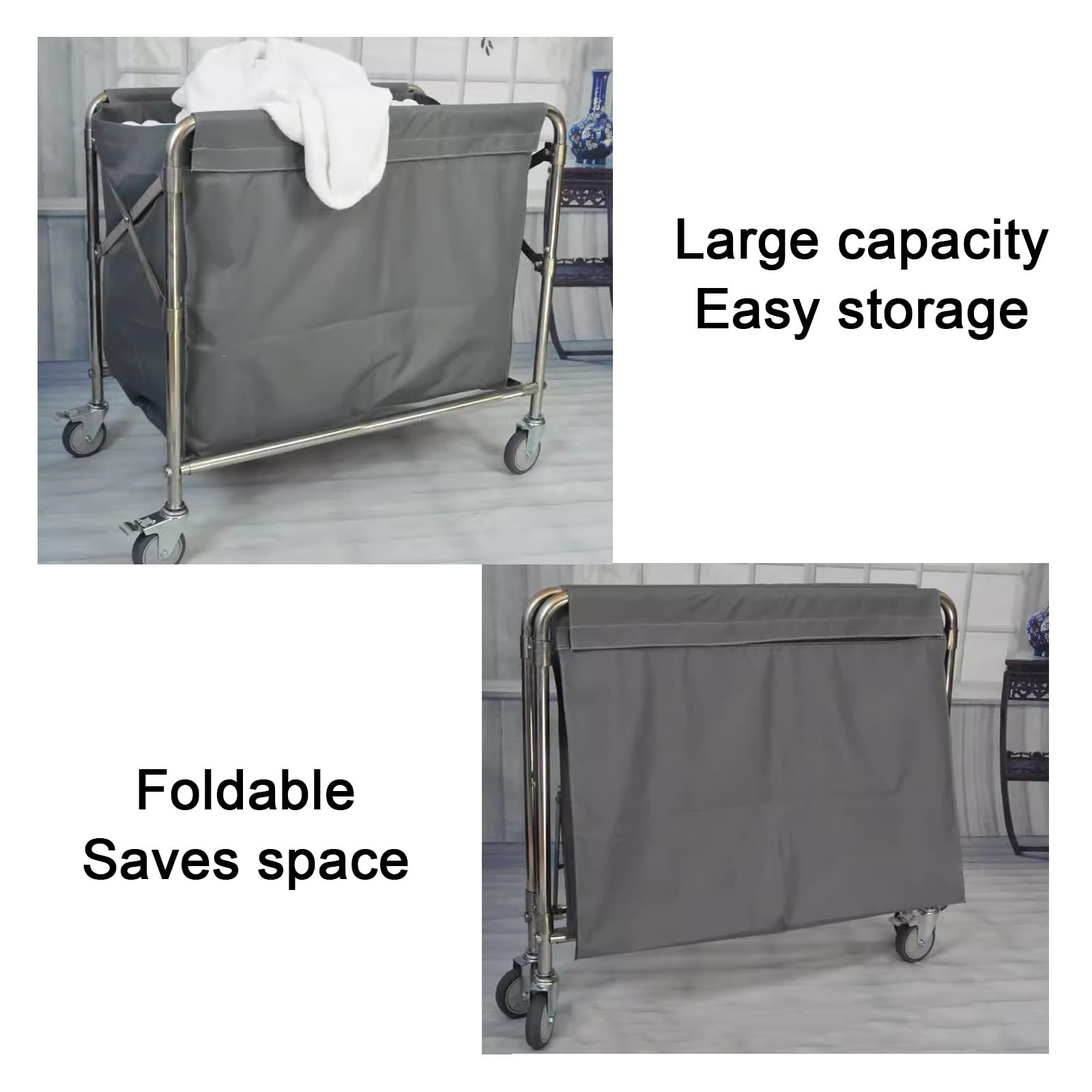 Robuster Wäschekorb mit Rollen für Hotel Und Zuhause, Rollender Wäschekorb ，Zusammenklappbarer Wäschewagen(Black)