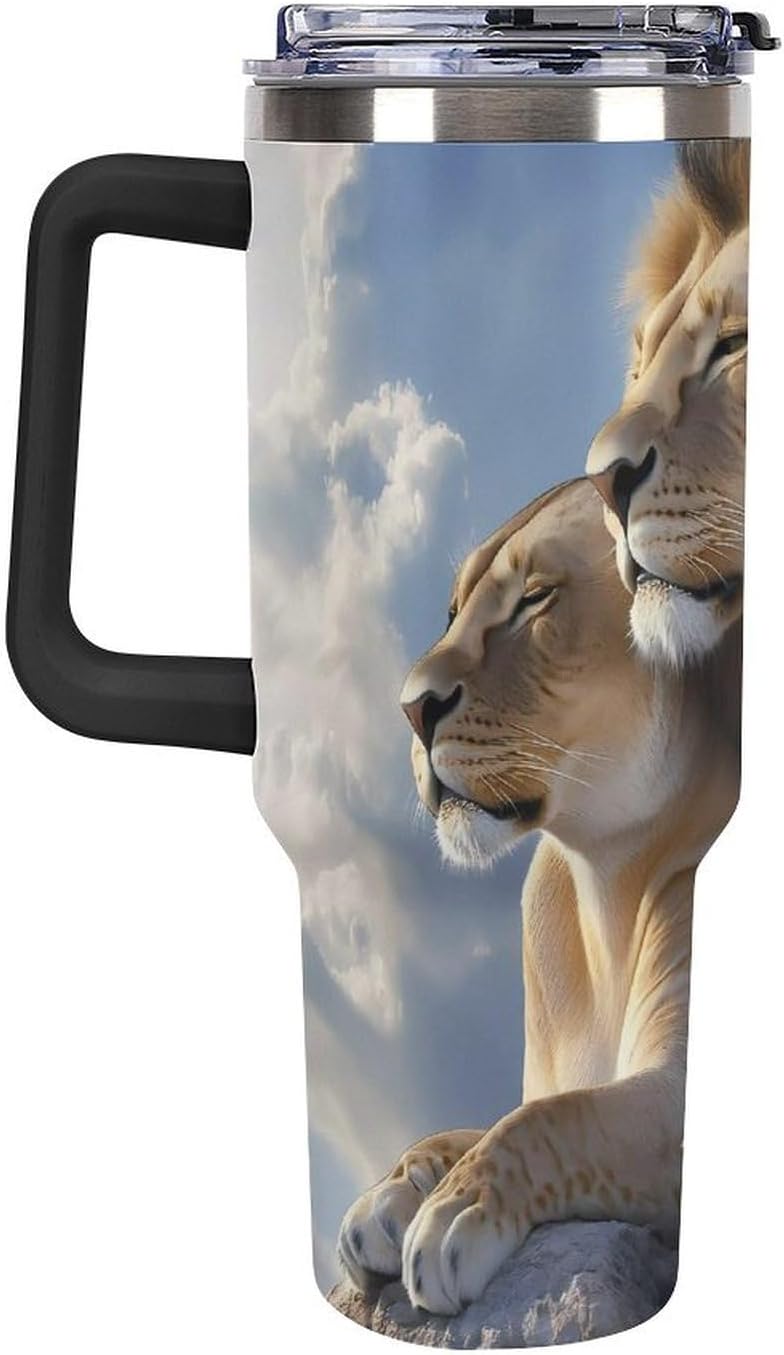 Animal Lion Love Travel Mug 40oz Insulated Tumbler with Lid And Straw Coffee Mug Car Cup Black-style