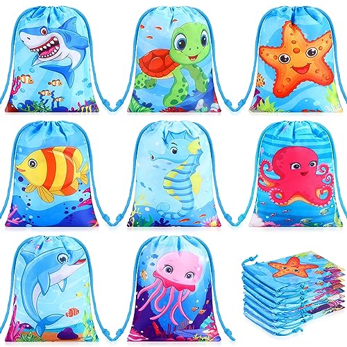 Image of Cunno 24 Pcs Ocean Drawstring Treat Bags Reusable Sea Animal Birthday Goodie Candy Bag Under the Sea Underwater World Creature Drawstring Gift Package for Ocean Life Theme Party Favors Supplies
