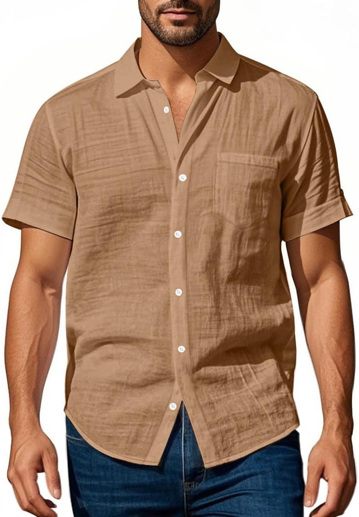 Men's Linen Shirt - Short Sleeve Button Down Collar Solid Casual Shirts with Pocket for Vacation Business - Image 2