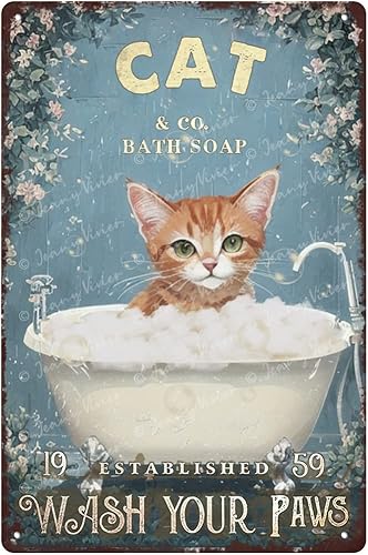 Zomyto Divertido arte de pared de gato en la bañera, impresiones en lienzo para decoración de pared, letrero de baño de gato, rústico, decoración de