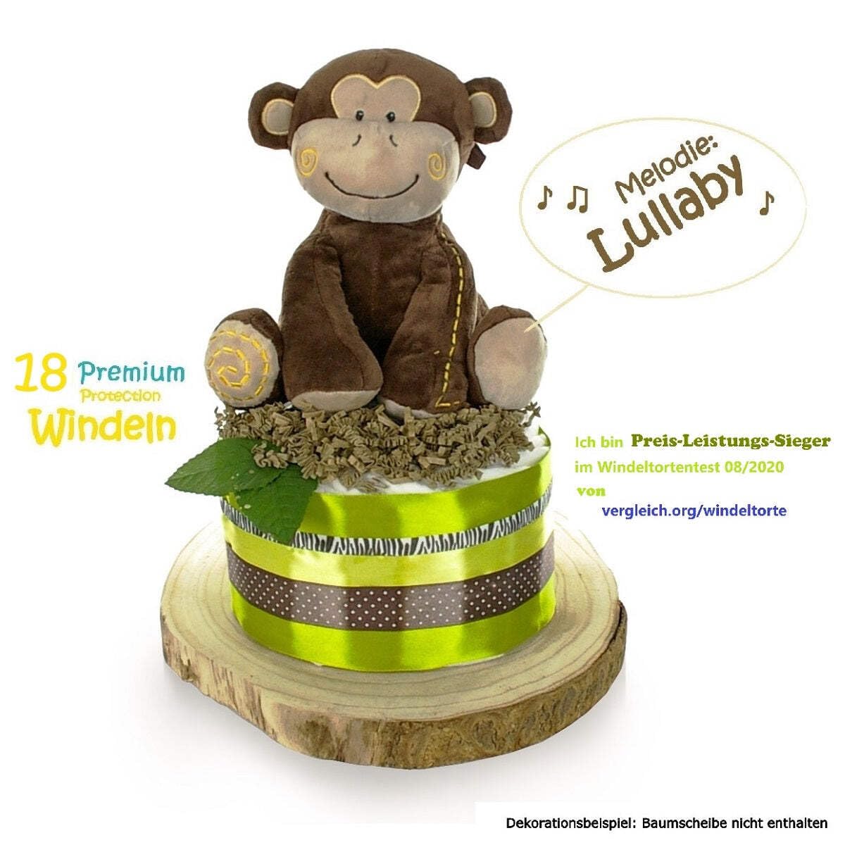 Windeltorte neutral SAFARI für Baby Jungen und Mädchen + große Affen Spieluhr | Geschenk zur Geburt Babyparty Babyshower (grün)