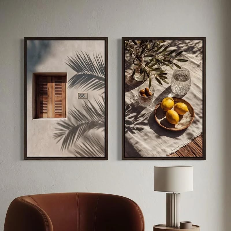 Art mural méditerranéen affiche nature morte citrons et olivier décoration côtière neutre de salon