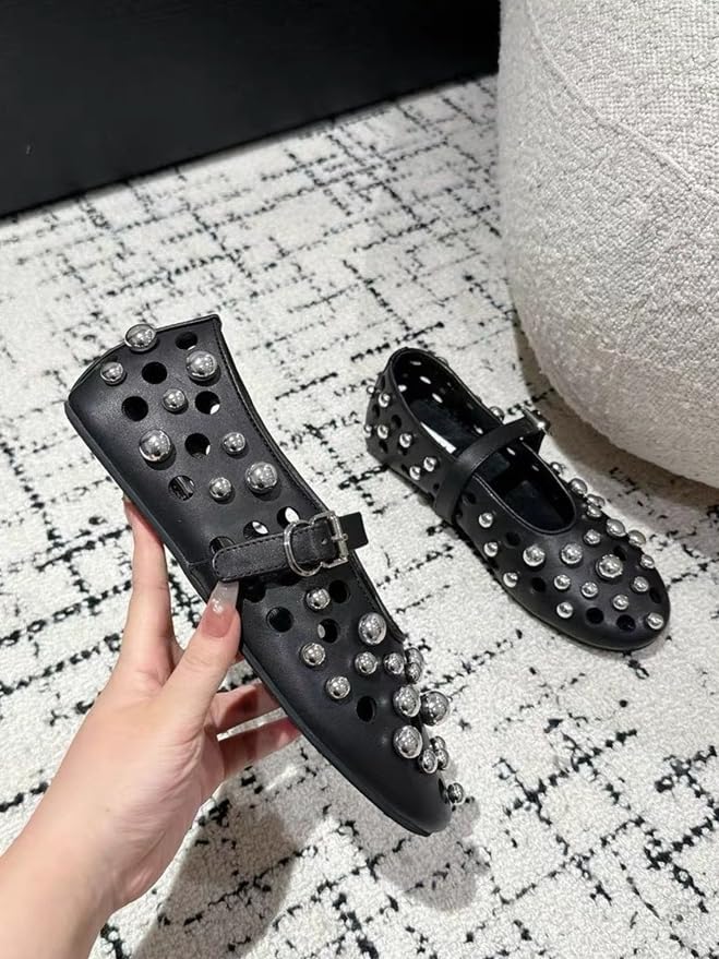 Ballet Flats for Women Mary Jane Shoes Genuine Leather Comfortable Lightweight Flat Hollow Out Metal Pearl Round Stud Rivets for Everyday Wear4