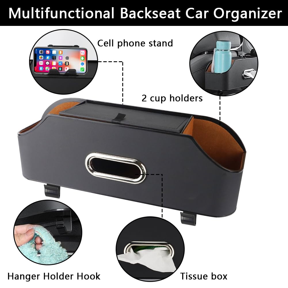Abnaok Organiseur de siège arrière de voiture avec 2 porte-gobelets – Boîte à mouchoirs et crochet de boîte de rangement – Rangement multifonction – Idéal pour les enfants et les voyages