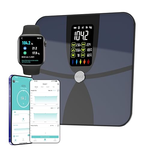 WGGE Báscula inteligente de peso corporal, báscula de baño inteligente digital con aplicación móvil, pantalla LCD grande, 17 métricas de composición