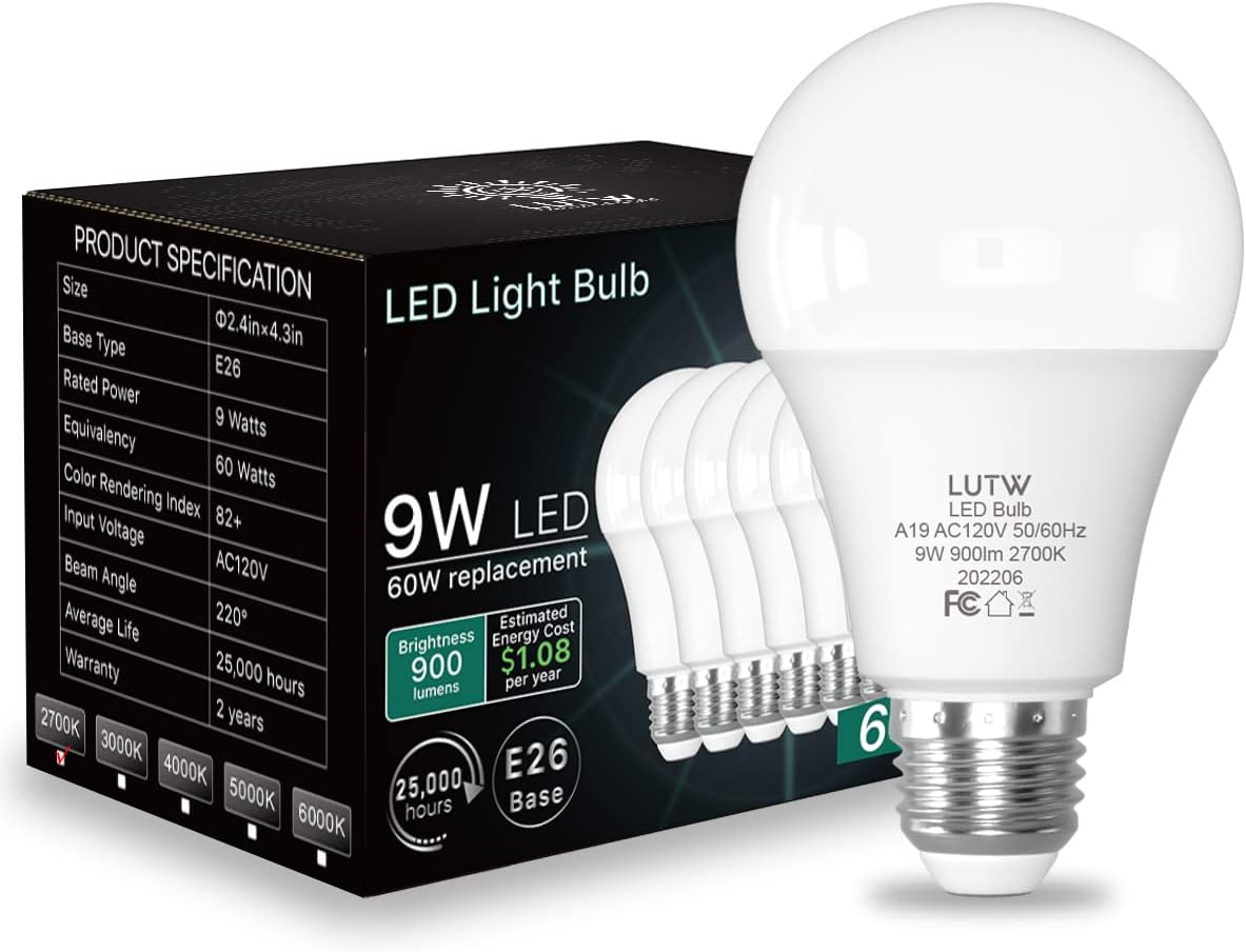 LED Light Bulbs 60 Watts Equivalent, 900 Lumen Standard LED Bulb, 9W E26 Base Warm White 2700K Non-Dimmable, Perfect for Bedroom and Living Room Lighting, 6 Pack