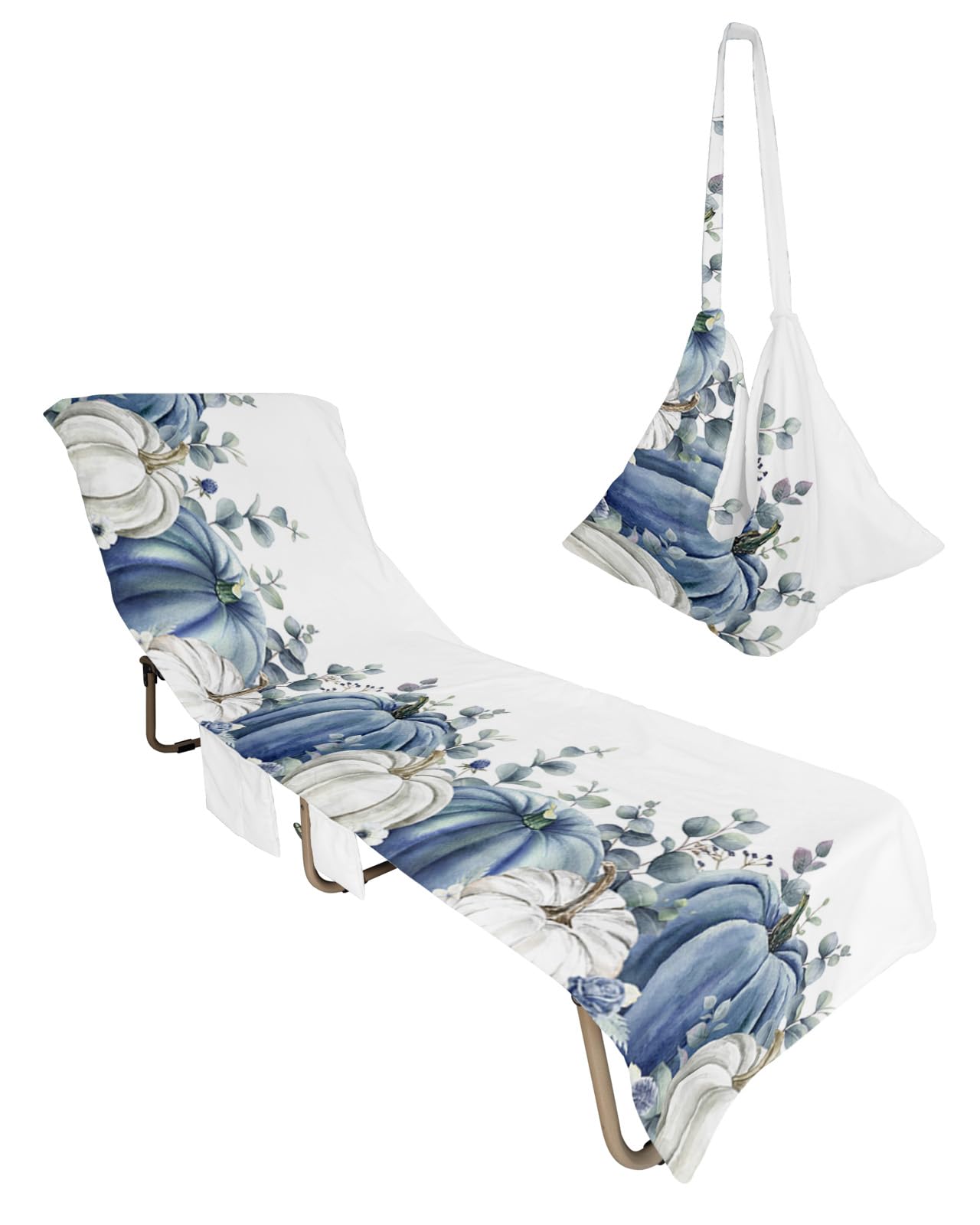 Blue White Pumpkins, Beach Lounge Chair Towel Cover, Soft Chaise Lounge Towel with Side Pockets Patio Pool Chairs Cover for Beach/Pool Sunbathing 29x85 Harvest Festival Thanksgiving Fall Eucalyptus