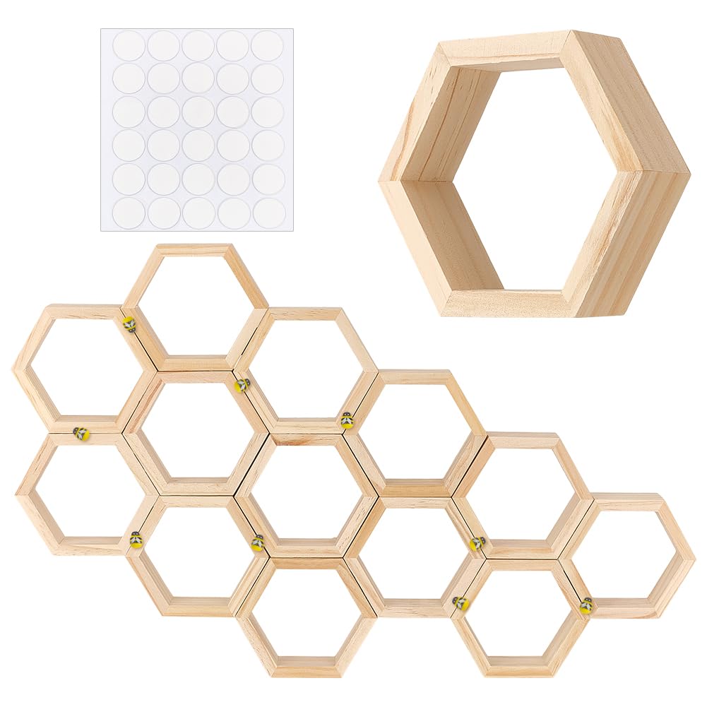 OLYCRAFT 14 soportes para cupcakes de nido de abeja hexagonales con 50 abejas pequeñas de madera y 30 pegatinas de doble cara para decoración de mesa, bodas, fiestas de cumpleaños