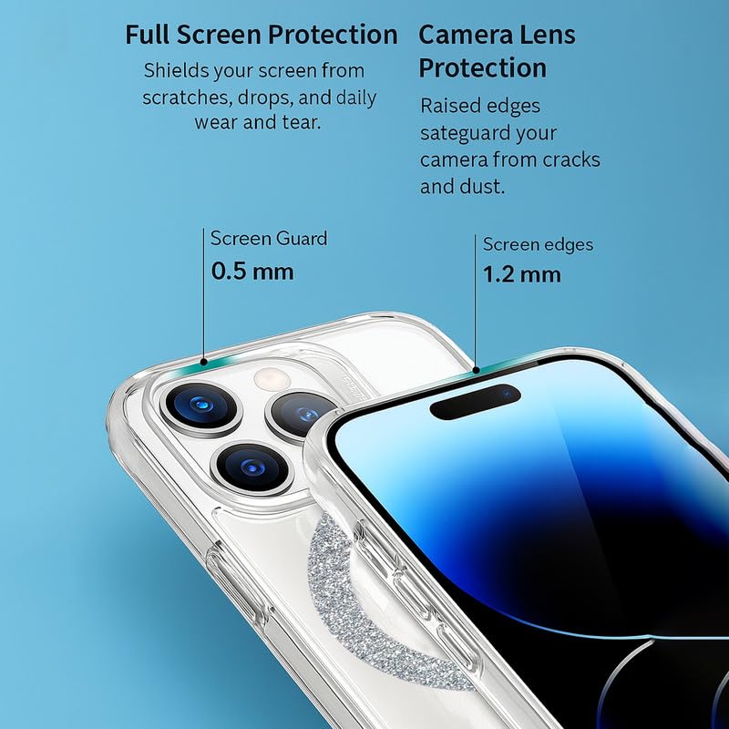 Image of AIBEX Back Cover Case Compatible with iPhone 14 Pro | Glitter Ring Cute Shiny Colorful Bling Case (Compatible with Magsafe) | Transparent PC+TPU Glossy Shiny Cover for Girls & Women - Silver