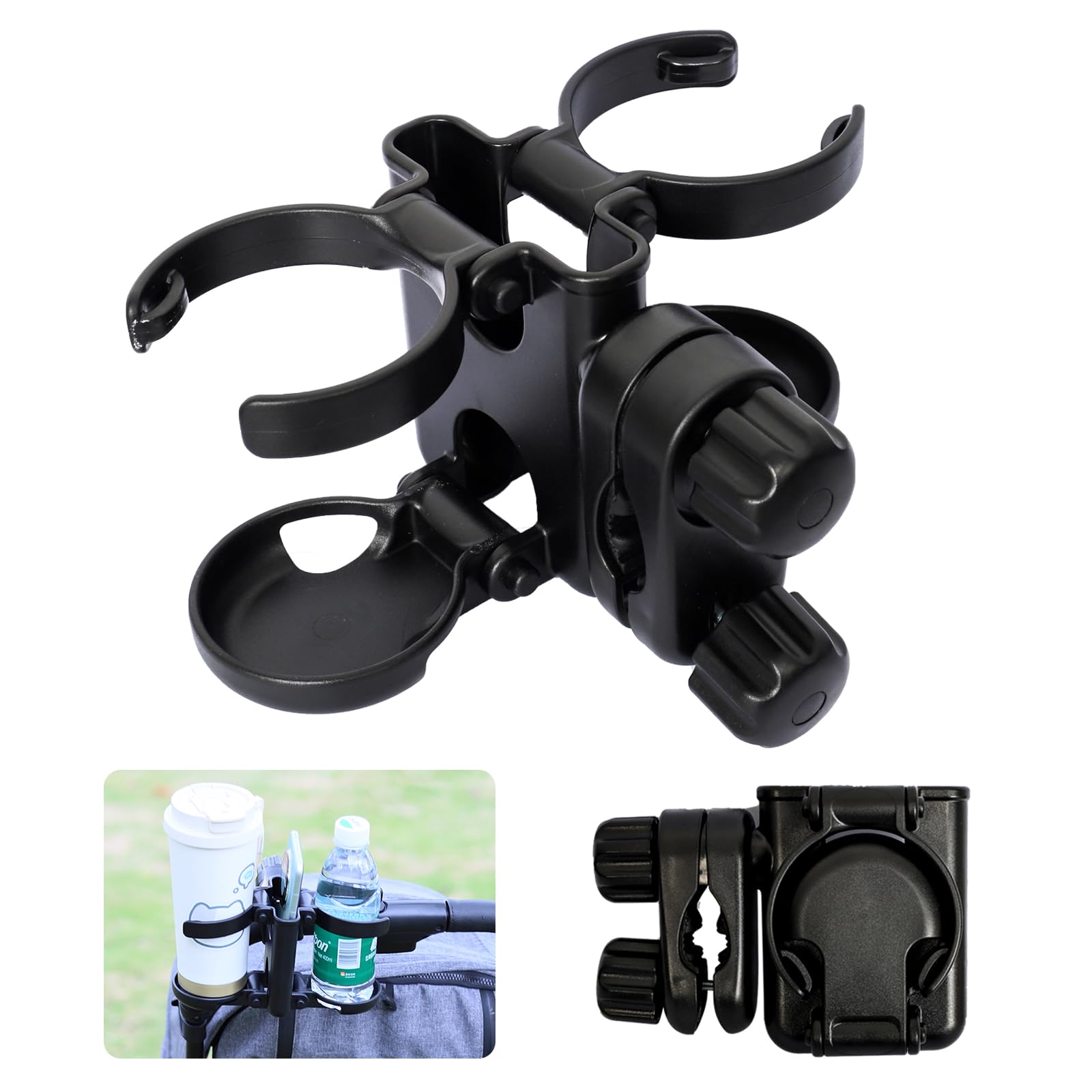 Vihir Getränkehalter für Kinderwagen mit Handyhalter, 3 in 1 Faltbarer Stroller Cup Holder, 360° Drehbar Becherhalter Kinderwagen Zubehör, Universell für Kinderwagen/Rollstuhl/Fahrrad, Mom Geschenke