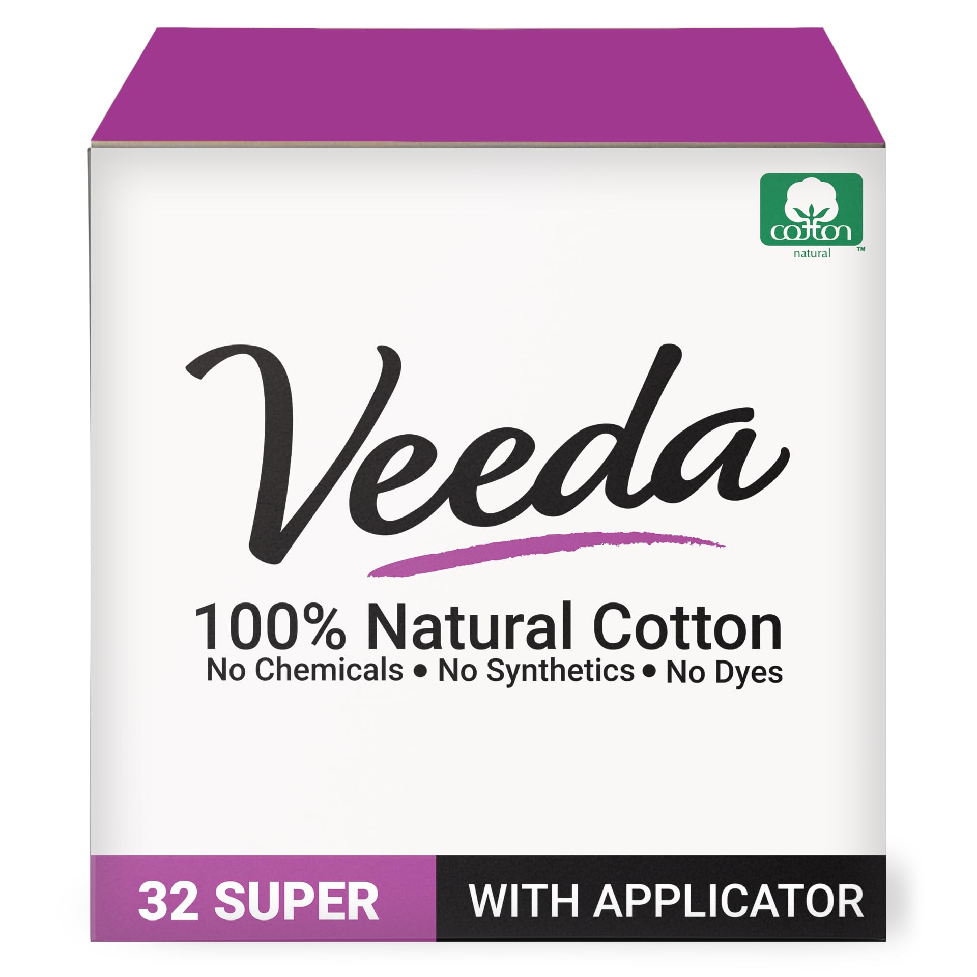Veeda 100% Natural Cotton Tampons - Super Absorbency with leak proof protection - Compact BPA-Free Applicator - Unscented & Free from Chlorine, Toxin