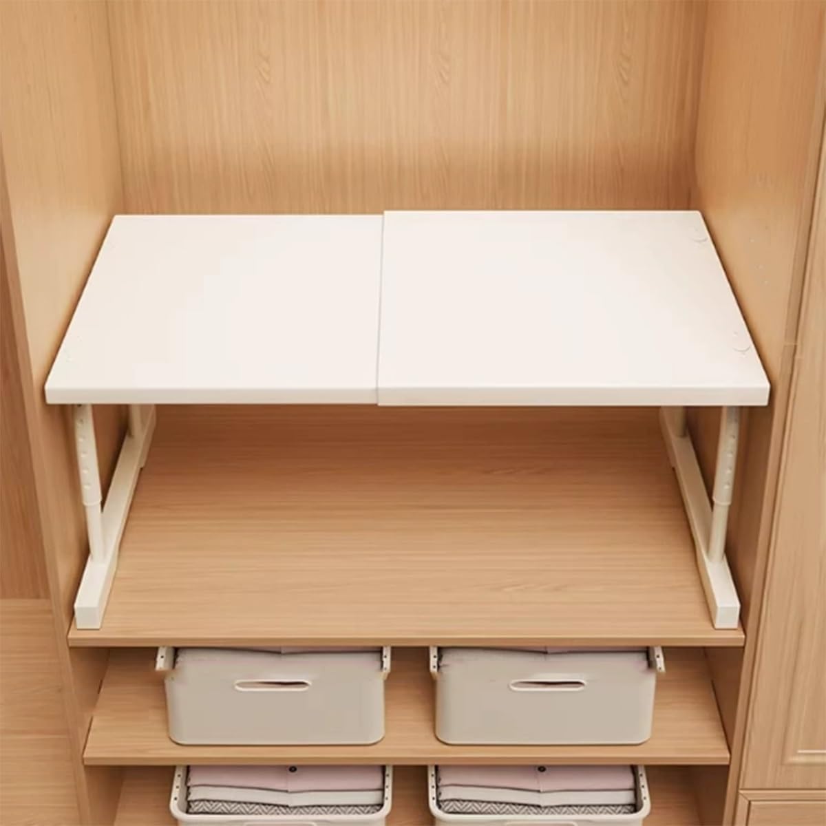 Mensola Estensibile per Armadio, Scaffale Telescopico Estensibile per Armadio,Ripiano Salvaspazio Cucina,Acciaio Al Carbonio Scaffale Portaoggetti Espandibile(White:L50-85cm,W42cm-H35-50cm)