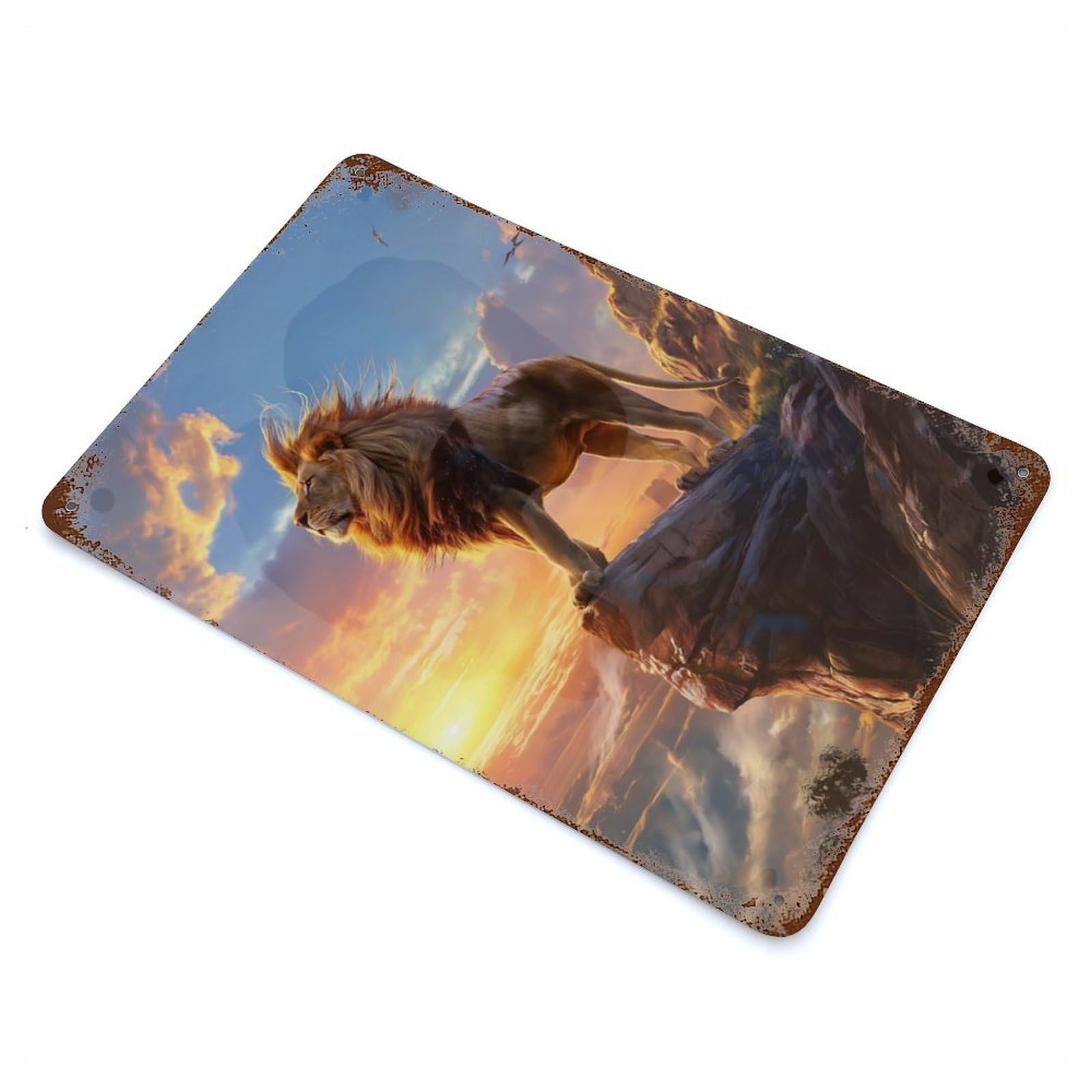 Rust Effect Lions Sunrise Majesty Weathered Tin Sign 11.8"x7.9", Retro Wall Decor for Garage, Bar And Workshop Decor
