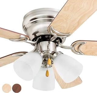 Prominence Home Whitley, 42 Inch Traditional Flush Mount Indoor LED Ceiling Fan with Light, Pull Chain, 5 Dual Finish Blades, Reversible Motor - 50863-01 (Satin Nickel), Bright Brass