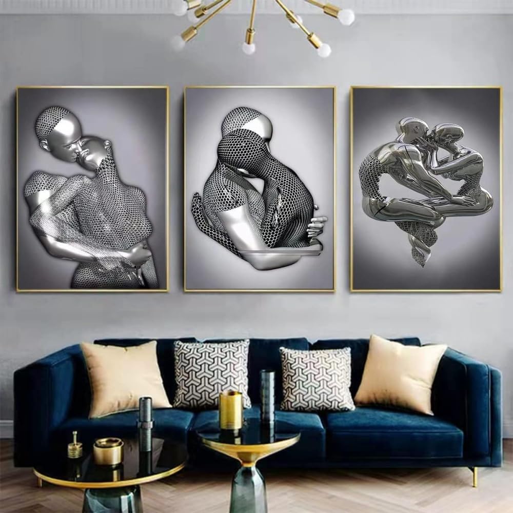 HURCP Set Of 3 Canvas Poster Modern Metal Figure 3D Sculpture Effect Romantic Lovers Hug And Kiss Silvery Wall Art Prints Gift Bedroom Living Room Dorm Gallery Corridor Decor Picture,A2 (42X60CM)