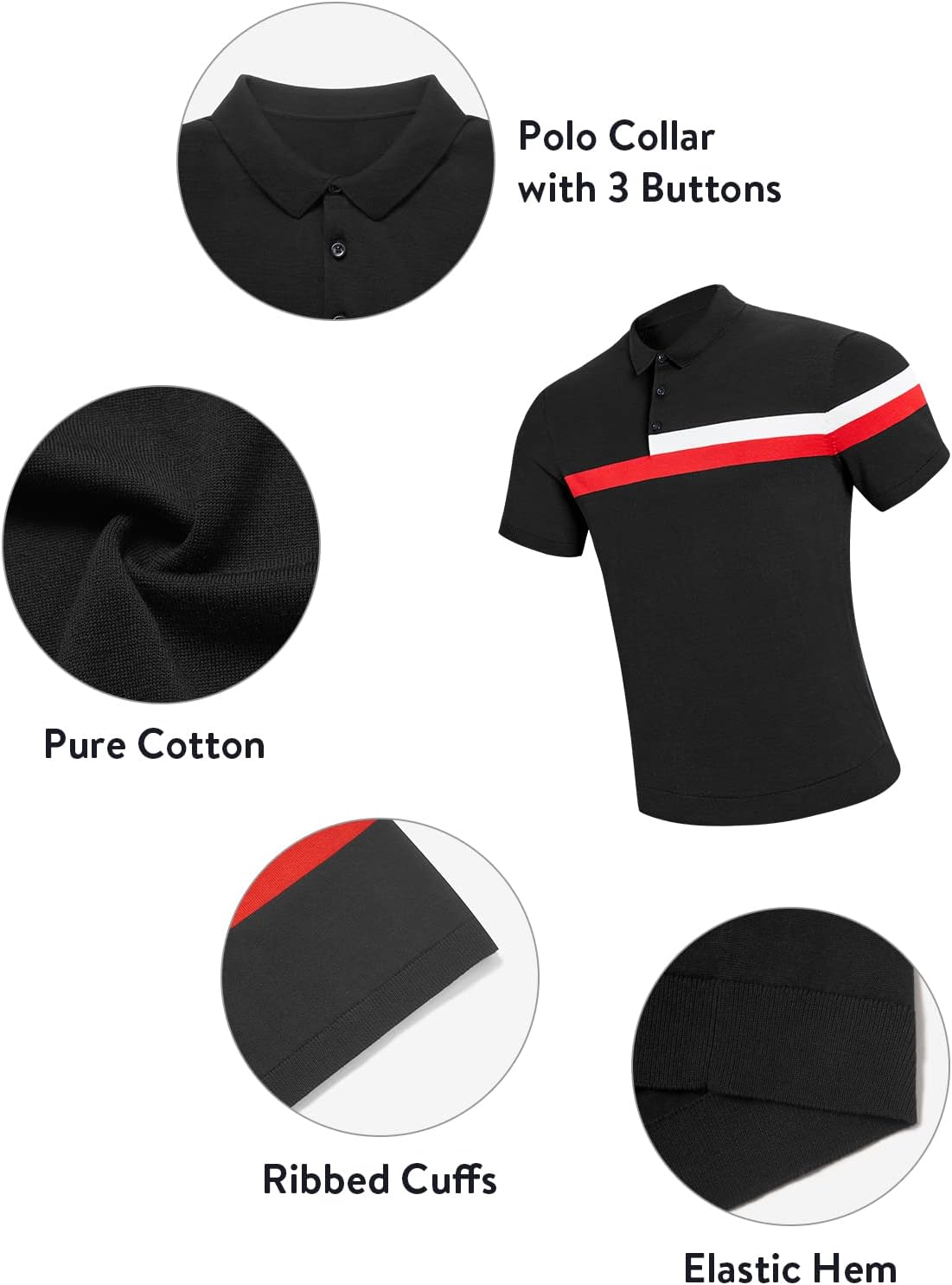 ALTAIREGA Men's Knit Cotton Polo Shirts Short Sleeve Button Up Elastic Breath Color Block Striped T Shirt for Golf Tennis D-black Small