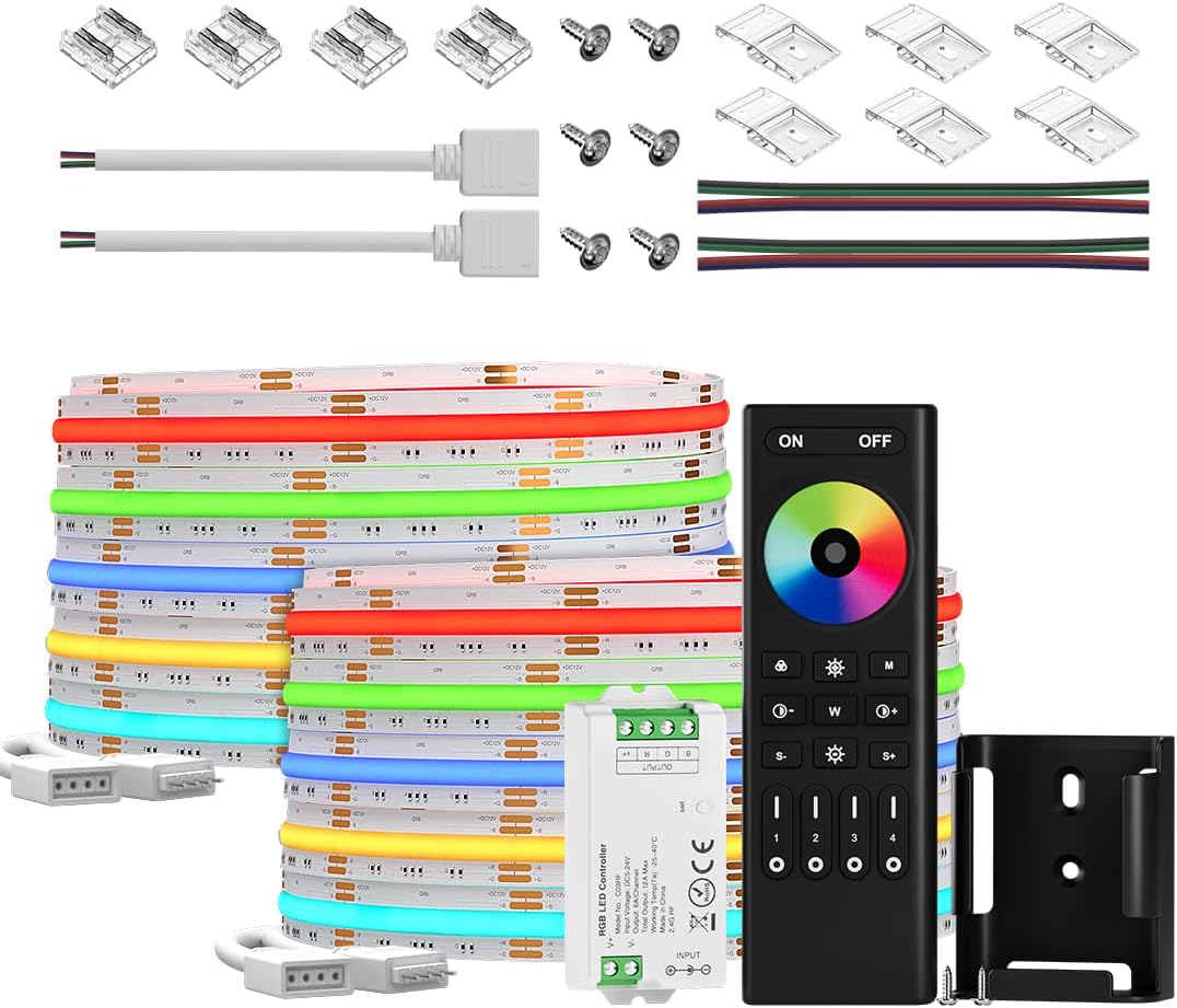 BTF-LIGHTING FCOB RGB Flexible High Density Uniform Light LED Strip 810LEDs/m 2X16.4FT DC12V 10mm Width RF Remote Controller Kit 4 Zones RF 2.4GHz Wireless Remote Group Control(No Power Adapter)