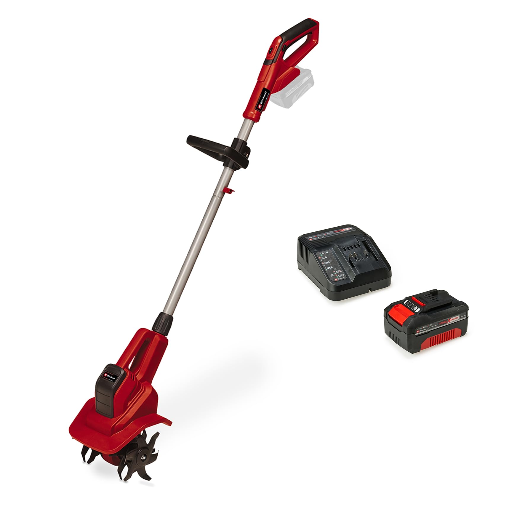 Einhell Akku-Bodenhacke GE-CR 18/20 Li E Power X-Change (18 V, Li-Ion, elektronische Drehzahlregulierung, 4 Hackmesser, Zusatzhandgriff, inkl. 4,0 Ah Akku und Ladegerät)