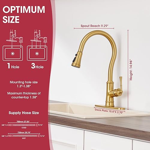 Miniatura 10 de Grifo de cocina de latón con rociador extraíble, 3 modos de rociador, grifo de fregadero de cocina de arco alto, arco alto romano, 3 o 1 orificio