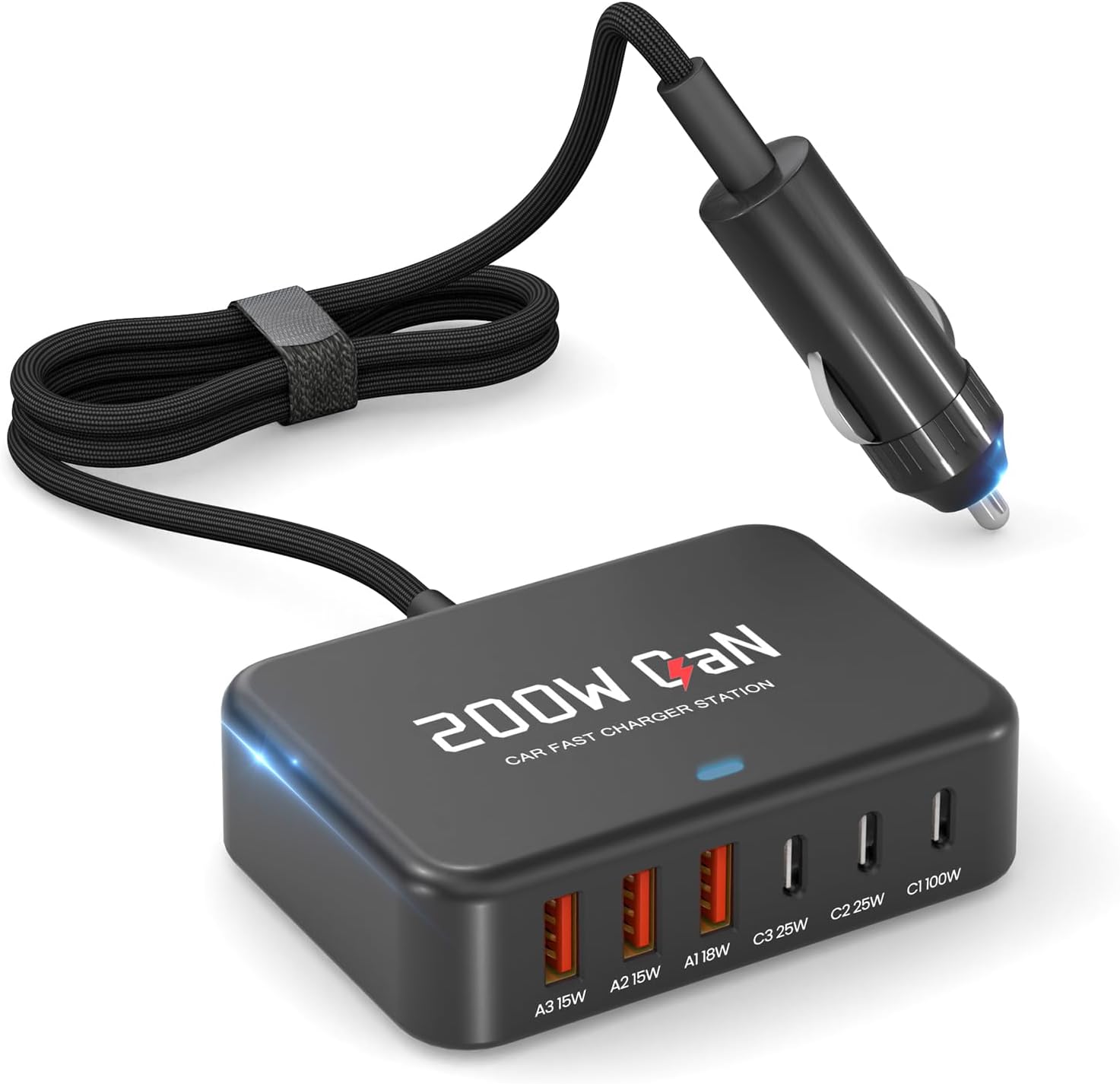 200W Car Fast Charging Station,6 Ports, Compatible with MacBook pro/Air/M5 M4 M3 M2 M1/Dell/Lenovo/HP,for iPhone 17/16/15 Series,Samsung Galaxy S26/S25 Ultra/S24 Series and More