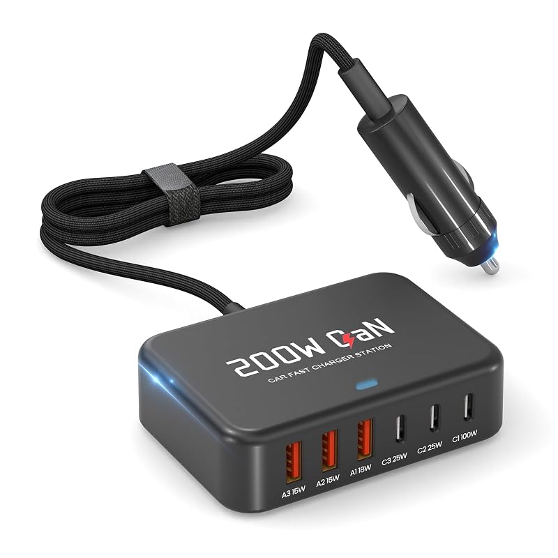 Carregador veicular Dzytnsy 200 W com 6 portas USB-C e USB-A, compatível com notebooks, celulares, tablets e GPS