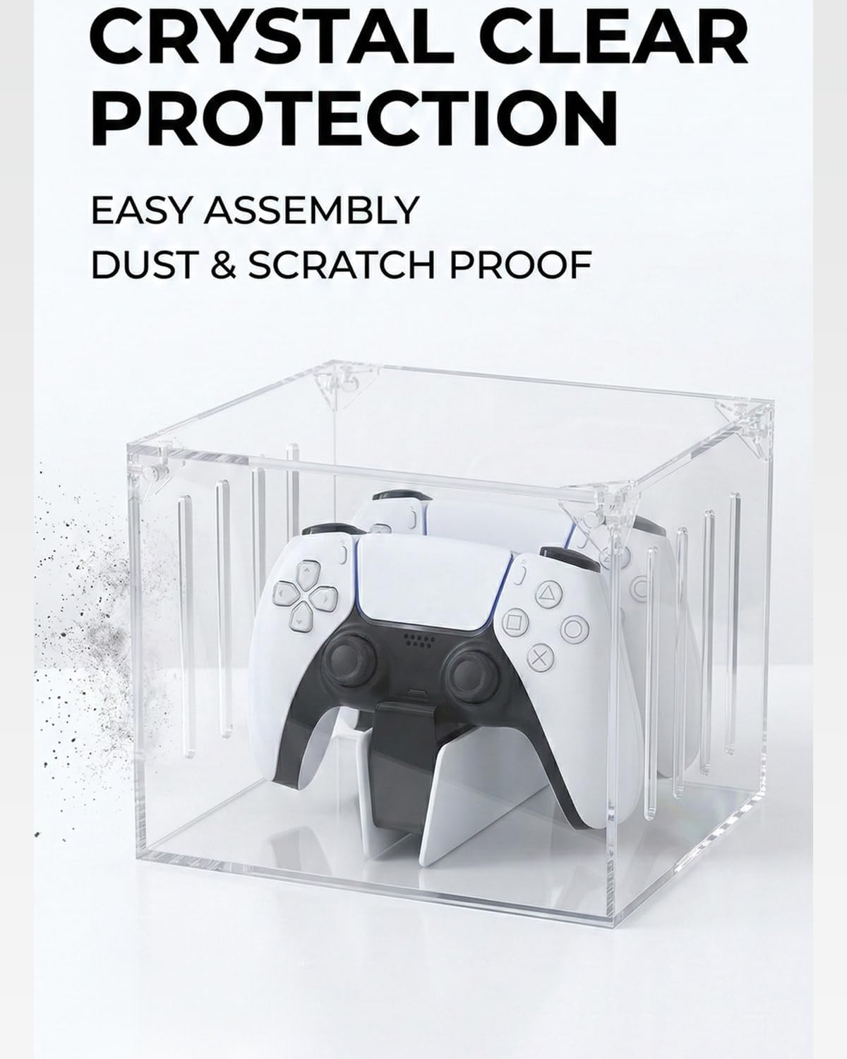 Acrylic Dust Cover Compatible with PS5 Controller Charging Dock | Clear 5-sided acrylic cover fits two controllers on a charging dock; 14 vents, cable access, tool-free assembly.
