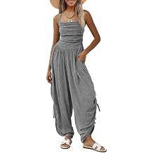 Fisoew Womens Casual Jumpsuits Summer Halter Straps Sleeveless Overalls Ruched Barrel Wide Leg Side-Cinch Long Pant Rompers