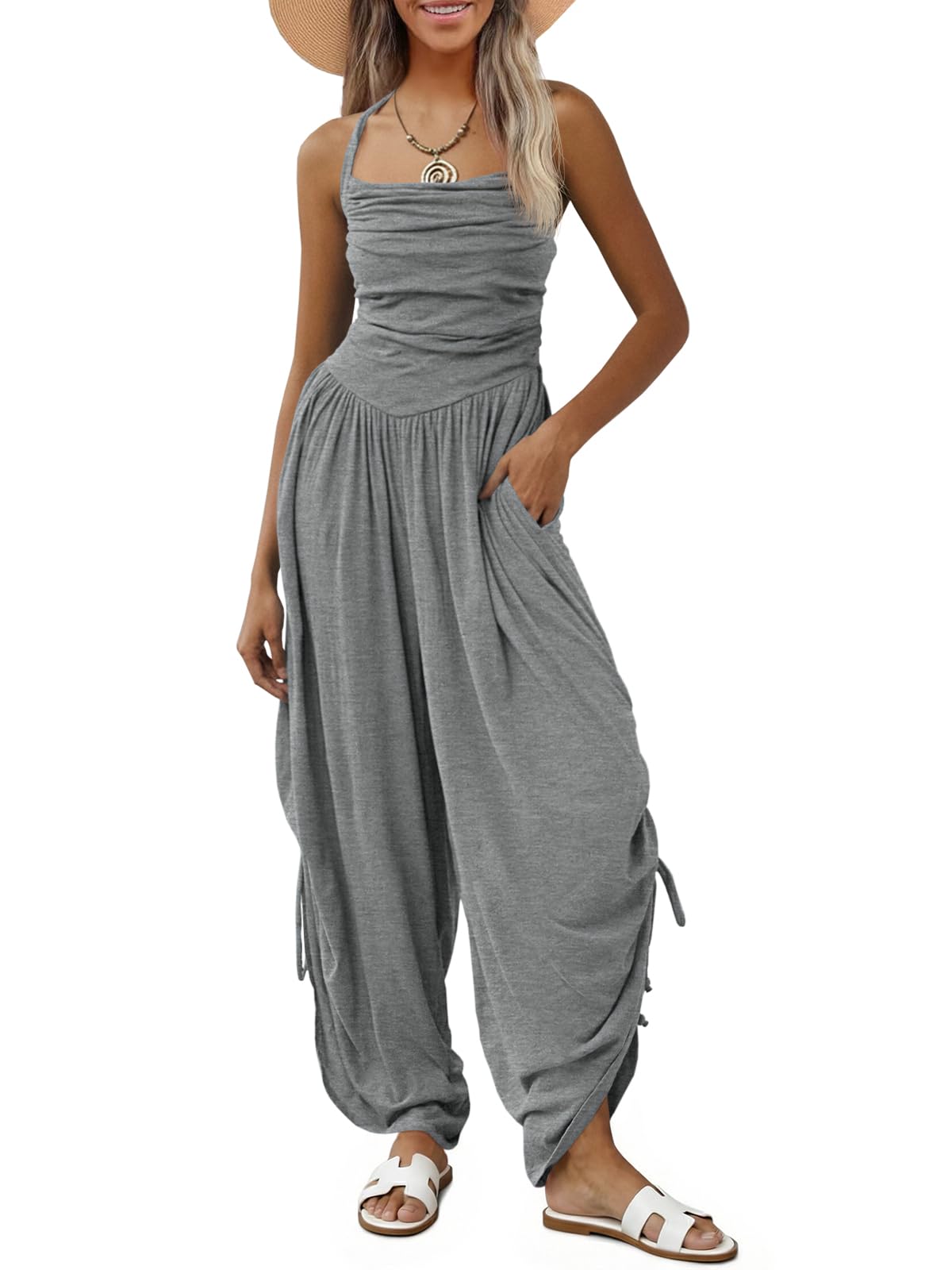Fisoew Womens Halter Straps Sleeveless Square Neck Overalls Ruched Barrel Wide Leg Side-cinch Jumpsuits Rompers With Pockets Tute Donna (Pacco da 1)
