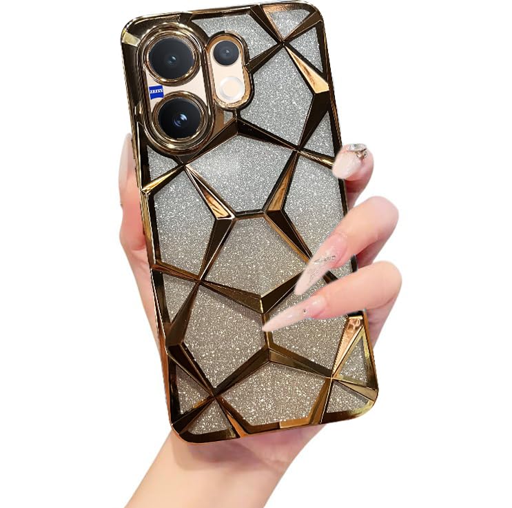 Image of VONZEE Gradient Glitter Case for VIVO V60, Luxury Electroplated 3D Cube, Diamond Bling Shiny Soft TPU Clear Shockproof Women Girls Protective Phone Cover (Gold)