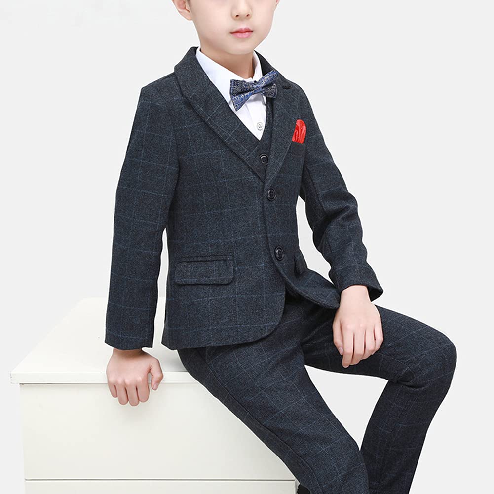 Conjunto de Traje a Cuadros Niños Traje de Fiesta de Bodas,6 Piezas Trajes Blazer+Camisa+Chaleco+Pantalones+Pajarita+Pañuelo de Bolsillo,Chicos Traje Formal para Ceremonio Bautizo Graduación Esmoquin
