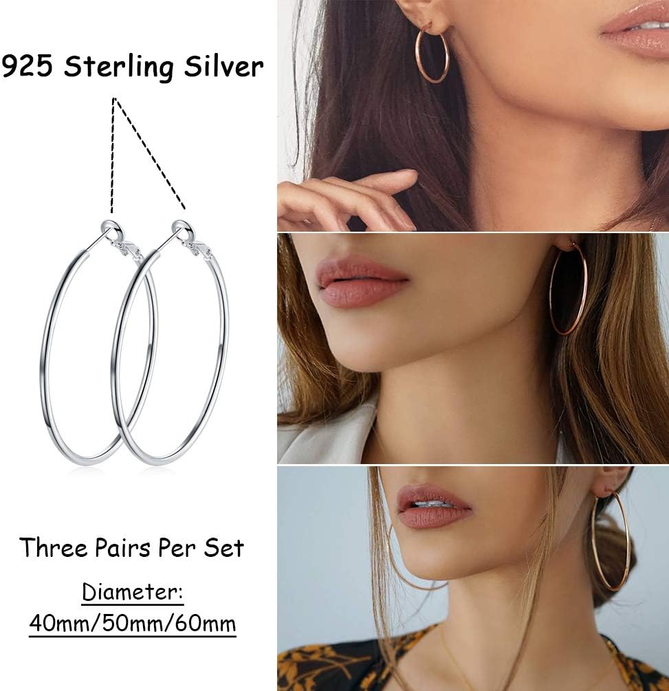 Silver Big Hoop Earrings For Womens- 3 Pairs Hypoallergenic Sterling Silver Large Huggie Hoops for Sensitive Ears(40/50/60mm)