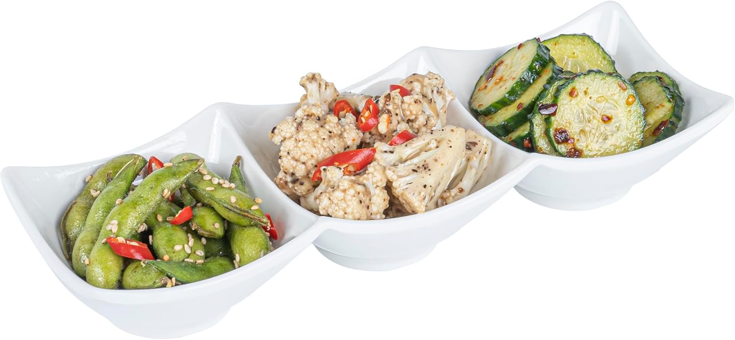Restaurantware Voga 8.5 Ounce Divided Serving Dishes 10 Square Condiment Serving Dishes - 3 Compartments Serve Appetizers Snacks Dips Or Dressings White Melamine 3 Compartment Dishes