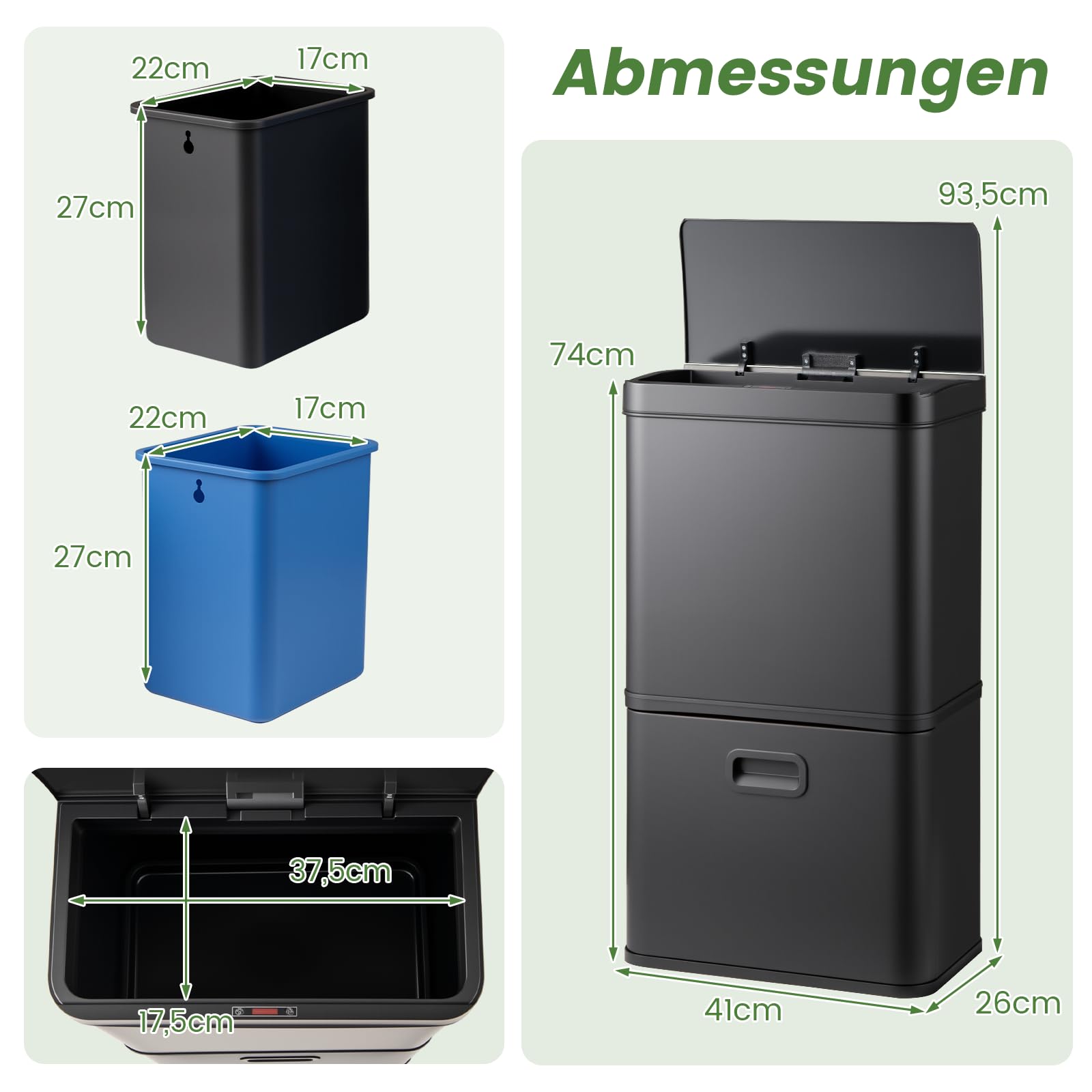 COSTWAY Mülleimer 3 Fächer, 56L Mülltrennsystem inkl. 2 ausnehmbaren Abfallbehältern, 2 x 10L + 36 L, elektrischer Abfalleimer mit Sensor & Softclose-Deckel, für Küche, Büro (Schwarz)
