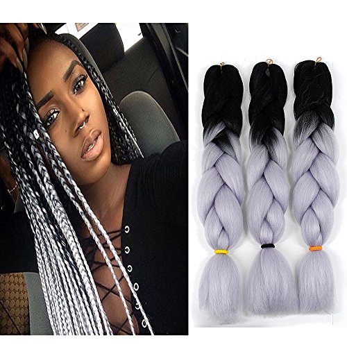 Ombre Braiding hair 24 inch 100g Crochet Braids Kanekalon Synthetic Braiding Hair Extension (24inch,3Packs,, Black/Grey)