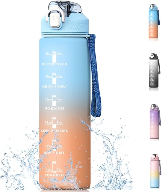 Bugucat Water Bottle 1L, Drinks Bottle with Straw and Time Markings, Jug Leak Proof,Sport Water Storage Container for Teenager Adult, Water Bottle for Gym School Cycling Fitness Outdoor